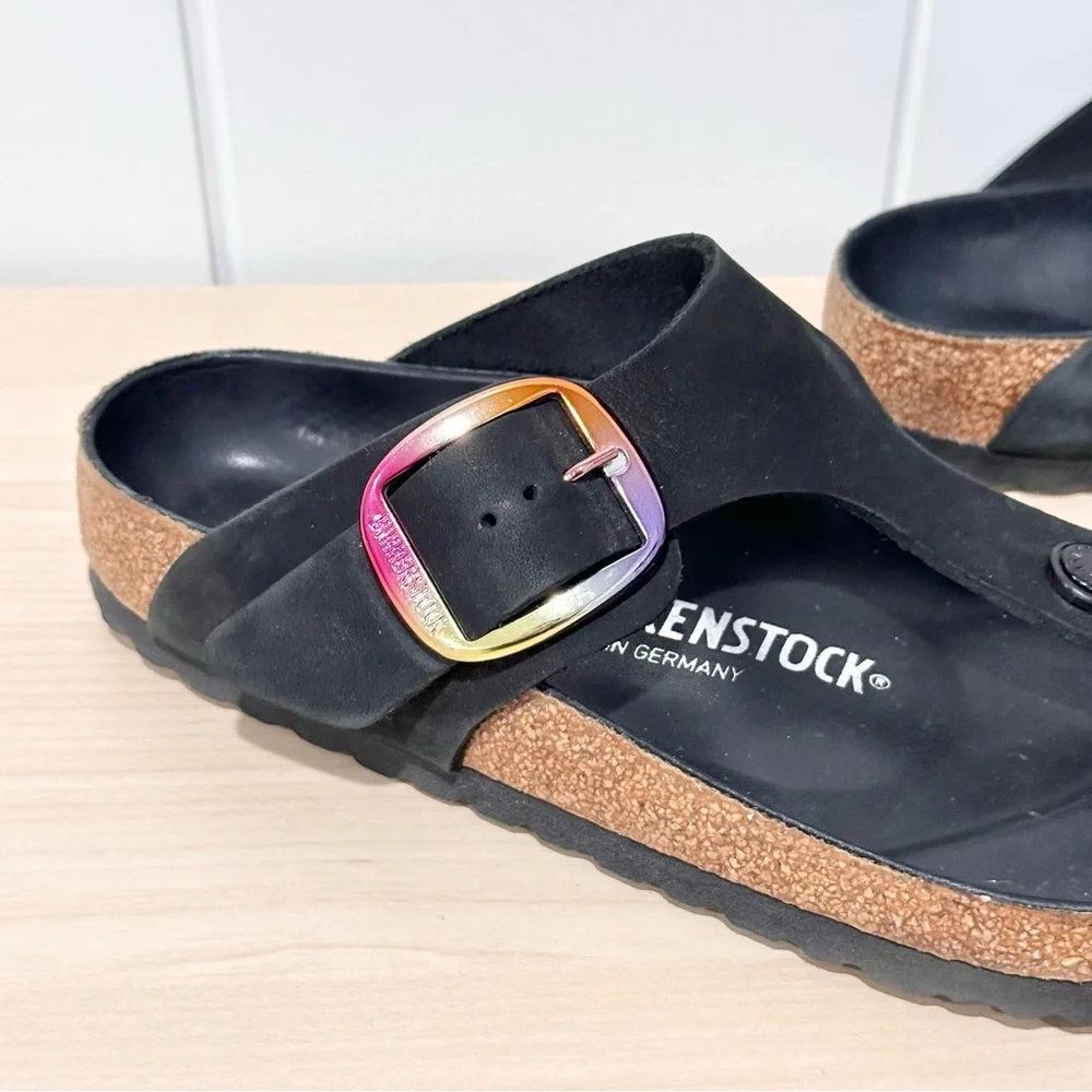 Birkenstock Gizeh Big Buckle Nubuck Leather In Black Size 7 - Picture 3 of 9